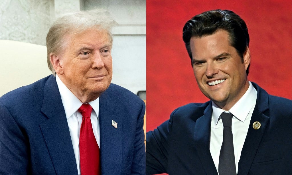 This combination of pictures shows US President Joe Biden meets with US President-elect Donald Trump (L) in the Oval Office of the White House in Washington, DC, on 13 November, 2024, and US Representative Matt Gaetz (R), Republican of Florida, speaks during the third day of the 2024 Republican National Convention at the Fiserv Forum in Milwaukee, Wisconsin, on 17 July, 2024.

US President-elect Donald Trump named right-wing Florida lawmaker Matt Gaetz as his attorney general 13 November rewarding the loyalty of a staunch ally who has defended the Republican in his legal battles and impeachment fights.