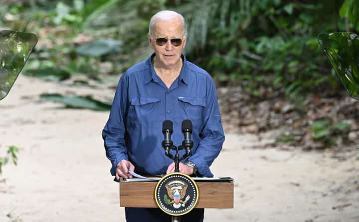 President Joe Biden speaks after signing a proclamation designating November 17 as International Conservation Day during a tour of the Museu da Amazonia as he visits the Amazon Rainforest in Manaus, Brazil, Nov. 17, 2024