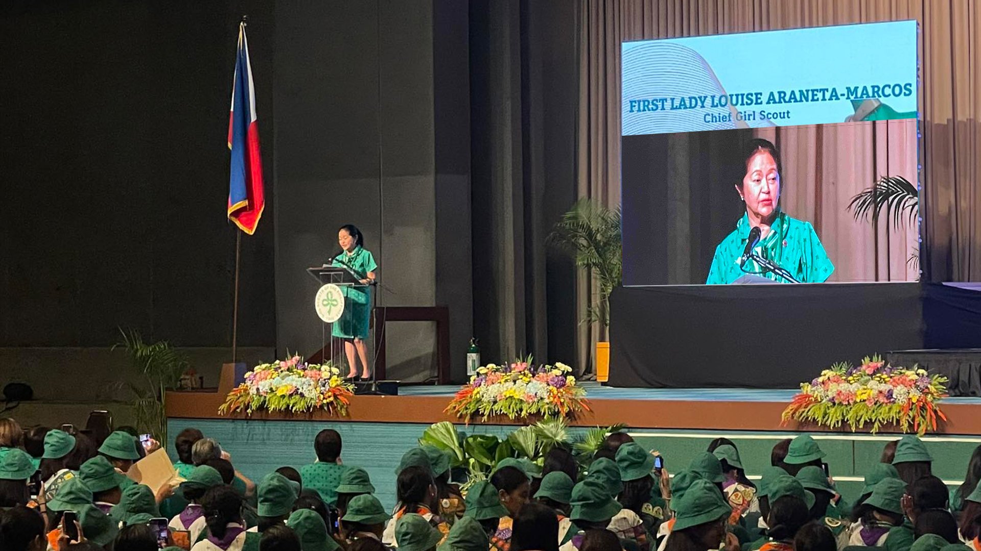 FIRST Lady Liza Araneta-Marcos, as Chief Girl Scout, delivers an inspiring speech at the Chief Girl Scout Medal Presentation Ceremony at the PICC in Pasay City, honoring young leaders for their service and dedication to the Girl Scouts’ values.
