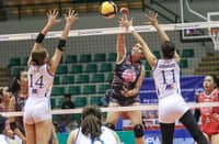 Erika Jin Deloria of Biñan hammers a powerful hit right into the heart of the Bacoor defense during Game 2 of their MPVA semifinals late Wednesday at the Alonte Sports Arena in Biñan City.