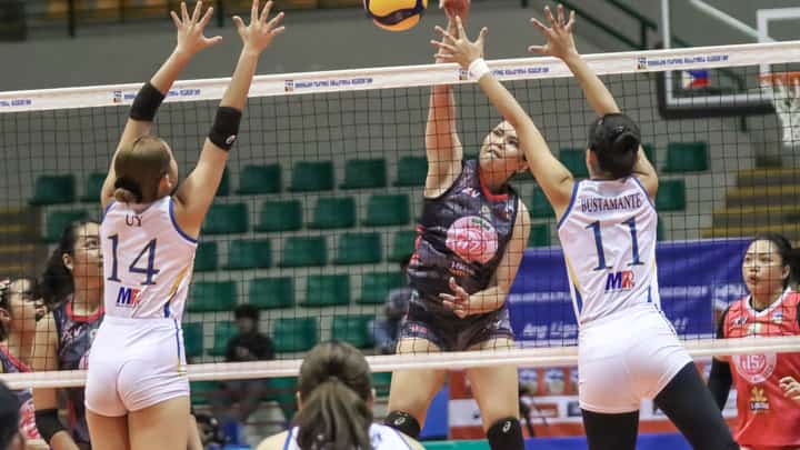 Erika Jin Deloria of Biñan hammers a powerful hit right into the heart of the Bacoor defense during Game 2 of their MPVA semifinals late Wednesday at the Alonte Sports Arena in Biñan City.