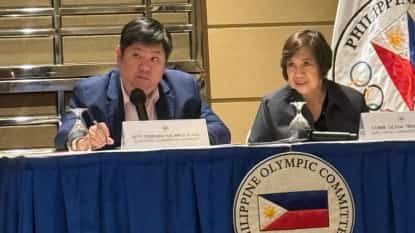Philippine Olympic Committee election committee chairperson lawyer Teodoro Alejandro Kalaw IV (left) with Philippine Sports Commissioner Olivia Coo