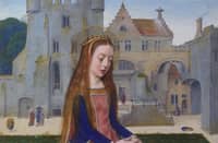 Miniature of Saint Catharina of Alexandria at the Gravensteen in Ghent. From: Hortulus Animae, by Simon Bening and workshop, 1510. ÖNB, cod. 2706, f304v