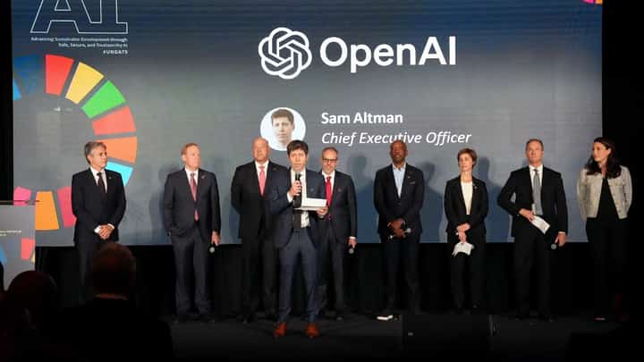 Open AI Chief Executive Officer Sam Altman (C) speaks at the Advancing Sustainable Development through Safe, Secure, and Trustworthy AI Event at Grand Central Terminal on 23 September, 204 in New York.