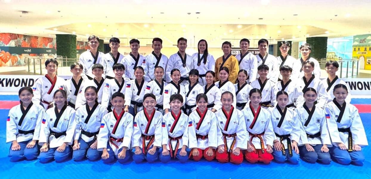 Members of the SMART/MVPSF national poomsae team, led Asian Games champion Patrick King Perez (standing 3rd from right) pose prior to their last training session before heading to Hong Kong to compete in the 2024 World Poomsae Taekwondo Championships.