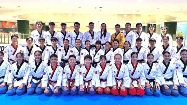 Members of the SMART/MVPSF national poomsae team, led Asian Games champion Patrick King Perez (standing 3rd from right) pose prior to their last training session before heading to Hong Kong to compete in the 2024 World Poomsae Taekwondo Championships.