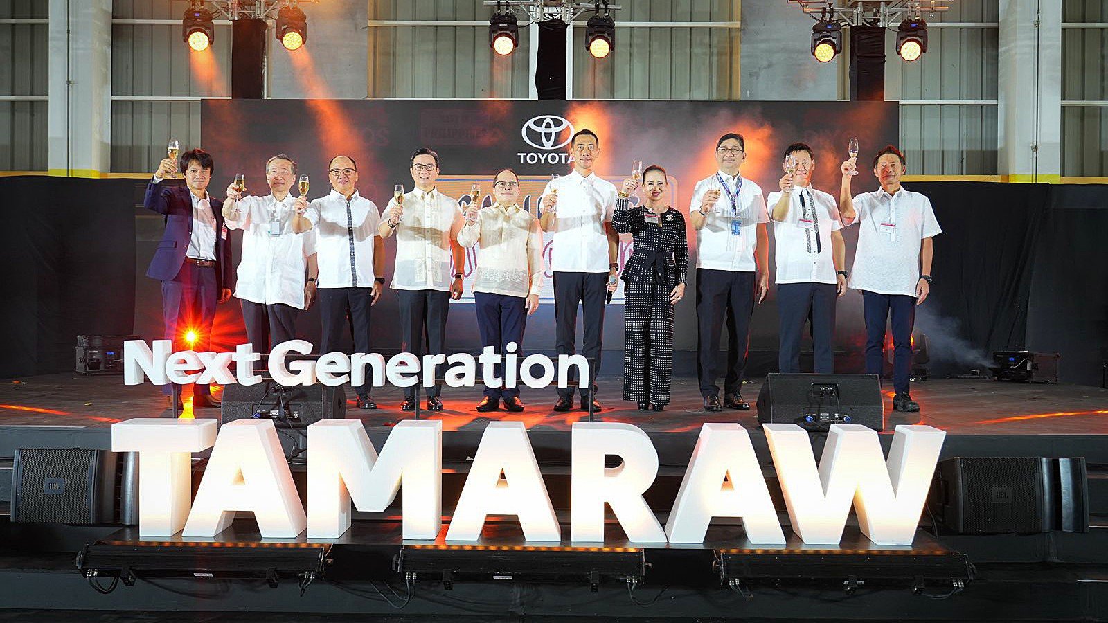 Toyota Motor Philippines (TMP) Corporation rolls out the Next Generation Tamaraw’s start of production with a ceremonial toast among its top executives. Shown are (from left) Embassy of Japan in the Philippines Economic Minister Daisuke Nihei, TMP Vice Chairman David Go, Toyota Asia Region Deputy Chief Executive Officer Hao Quoc Tien, TMP Chairman Alfred Ty, Philippine Economic Zone Authority Director General Tereso Panga, TMP President Masando Hashimoto, Santa Rosa City Mayor Arlene Arcillas, Department of Transportation Undersecretary Jesus Ferdinand Ortega, Toyota Motor Corporation Chief Engineer Satoki Oya, and TMP Executive Vice President for Manufacturing Yasuhiro Kutsuki.