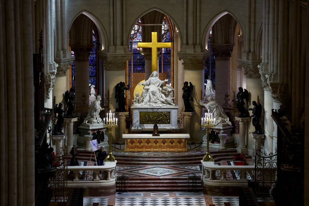 This photograph shows the altar of Notre-Dame de Paris cathedral in Paris, on November 29, 2024. The Notre-Dame Cathedral is set to re-open early December 2024, with a planned weekend of ceremonies on December 7 and 8, 2024, five years after the 2019 fire which ravaged the world heritage landmark and toppled its spire. Some 250 companies and hundreds of experts were mobilized for the five-year restoration costing hundreds of millions of euros.