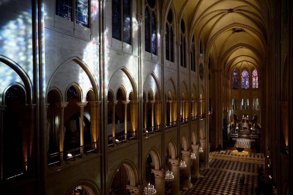 This photograph shows the nave of Notre-Dame de Paris cathedral in Paris, on November 29, 2024. The Notre-Dame Cathedral is set to re-open early December 2024, with a planned weekend of ceremonies on December 7 and 8, 2024, five years after the 2019 fire which ravaged the world heritage landmark and toppled its spire. Some 250 companies and hundreds of experts were mobilised for the five-year restoration costing hundreds of millions of euros.