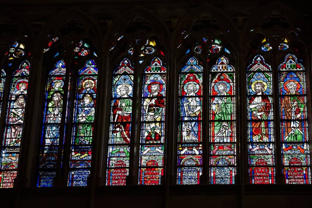 This photograph shows windows inside Notre-Dame de Paris cathedral in Paris, on November 29, 2024. The Notre-Dame Cathedral is set to re-open early December 2024, with a planned weekend of ceremonies on December 7 and 8, 2024, five years after the 2019 fire which ravaged the world heritage landmark and toppled its spire. Some 250 companies and hundreds of experts were mobilised for the five-year restoration costing hundreds of millions of euros.