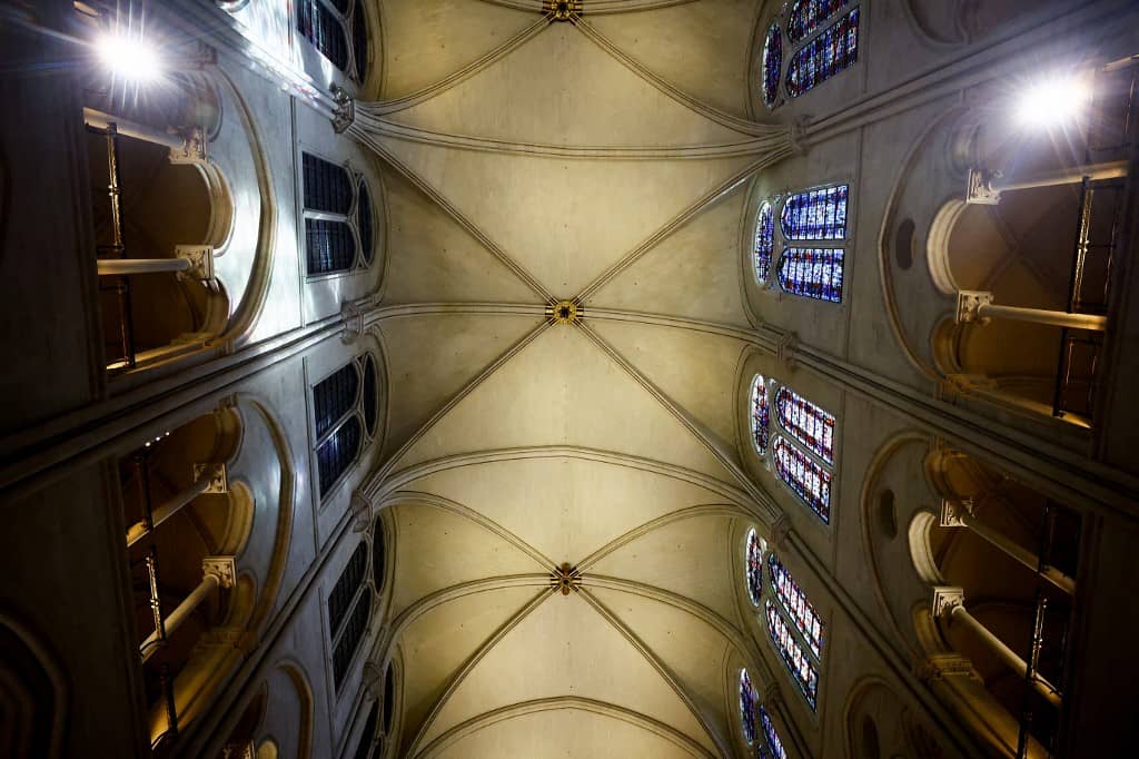 This photograph shows the vaulted ceiling of Notre-Dame de Paris cathedral in Paris, on November 29, 2024. The Notre-Dame Cathedral is set to re-open early December 2024, with a planned weekend of ceremonies on December 7 and 8, 2024, five years after the 2019 fire which ravaged the world heritage landmark and toppled its spire. Some 250 companies and hundreds of experts were mobilised for the five-year restoration costing hundreds of millions of euros.