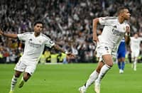 Real Madrid's French forward Kylian Mbappe celebrates scoring his team's second goal