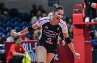 Jen Nierva celebrates after towing Chery Tiggo to a 25-12, 25-23, 20-25, 25-22 victory over PLDT in the Premier Volleyball League All-Filipino Conference at the Araneta Coliseum on Tuesday.