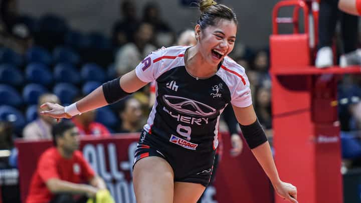 Jen Nierva celebrates after towing Chery Tiggo to a 25-12, 25-23, 20-25, 25-22 victory over PLDT in the Premier Volleyball League All-Filipino Conference at the Araneta Coliseum on Tuesday.