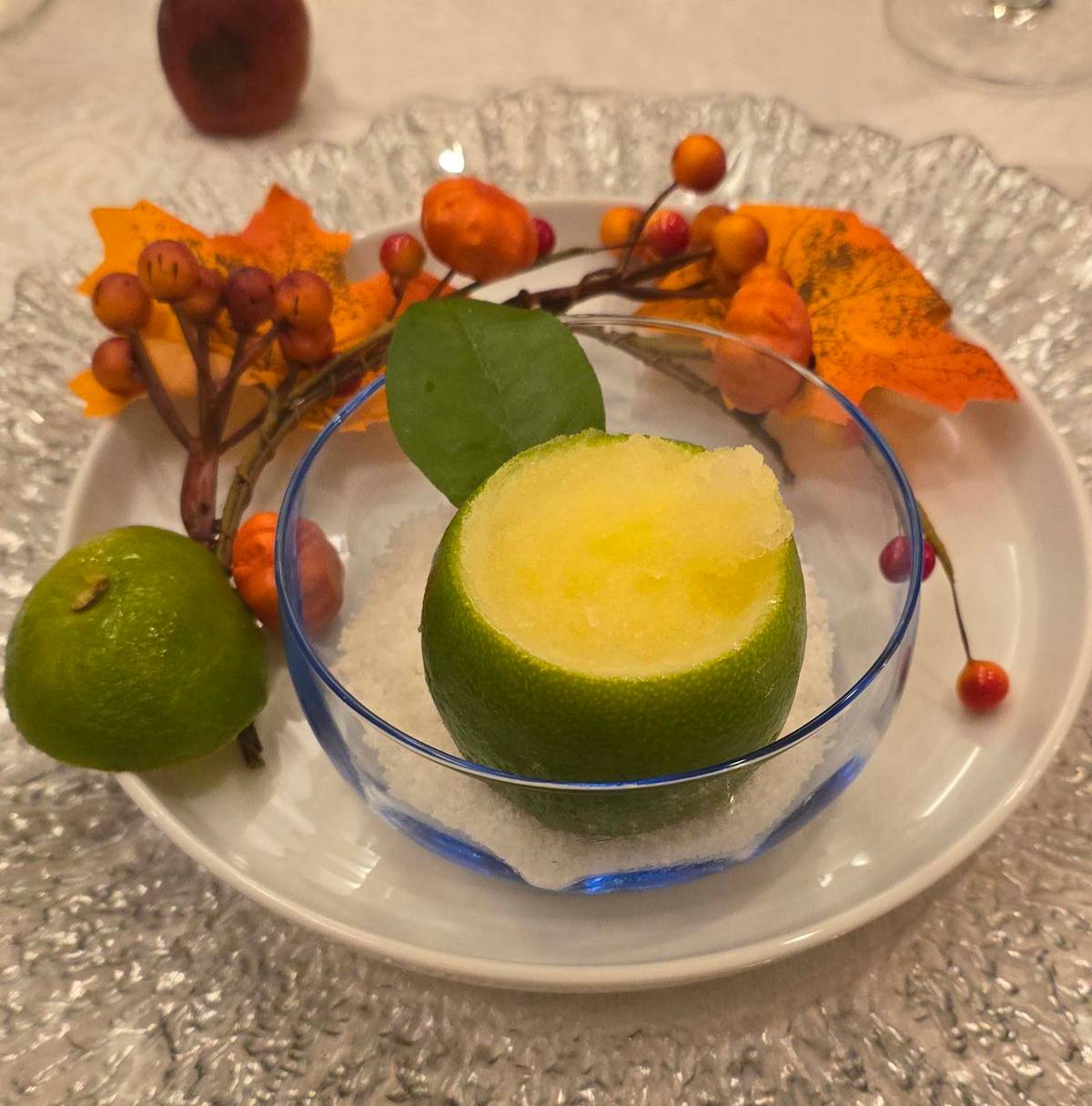 Kalamansi sorbet in lime cups.