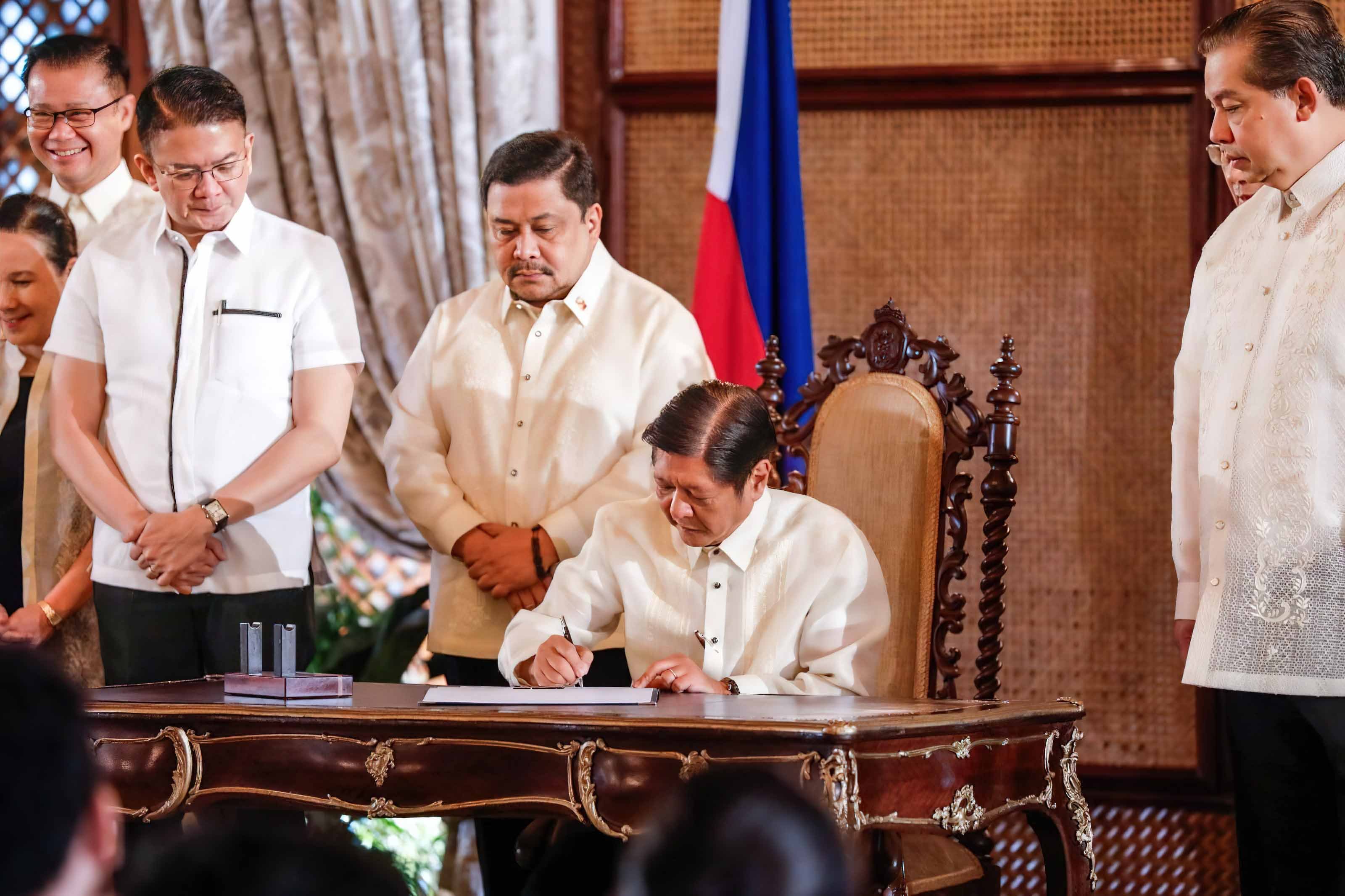 President Ferdinand R. Marcos Jr. leads the ceremonial signing of two significant bills — the Ligtas Pinoy Centers Act, which establishes safe shelters for disaster victims, and the Student Loan Payment Moratorium During Disasters and Emergencies Act, which offers financial relief to students during crises on Friday at Malacañang.