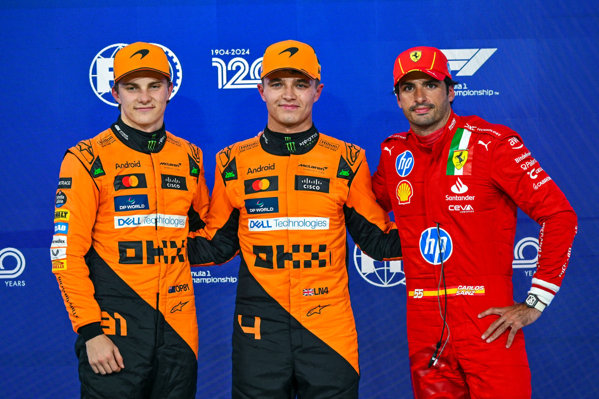Mclaren drivers Lando Norris (middle) and Oscar Piastri celebrate after going 1-2 for the pole position at the end of the qualifying session for the Abu Dhabi Grand Prix. Finishing third is Ferrari driver Carlos Sainz Jr.