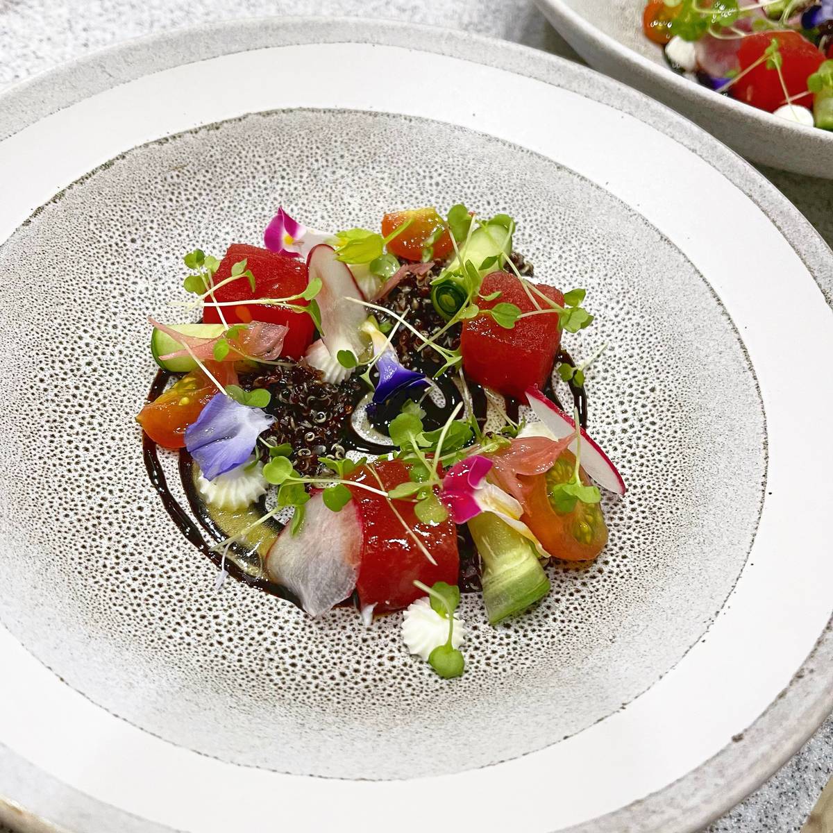 Watermelon and Quinoa Salad with Whipped Ricotta and Aged Balsamic.