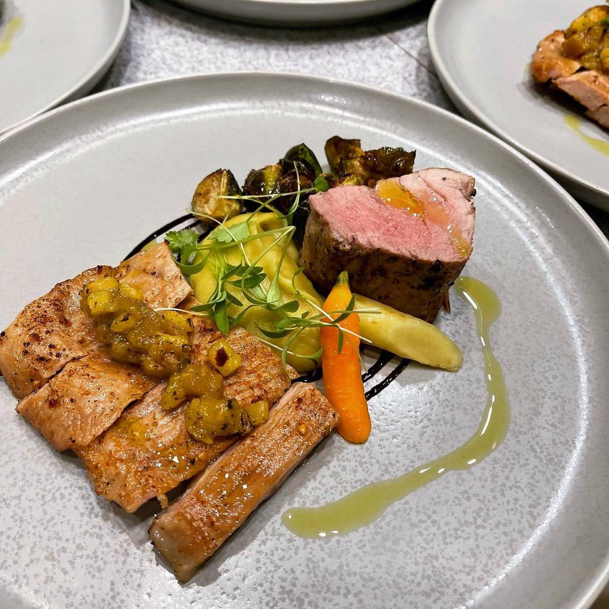 Pork Two Way Iberico Secreto and Pork Tenderloin with Mashed Sweet Potatoes and Pineapple Chutney.