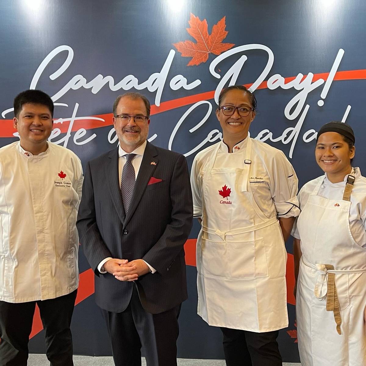 Canadian Ambassador to the Philippines David Hartman with chefs Joseph Gomez (leftmost), Mae Montalban and Crystal Cahayom, DLS-CSB alum.