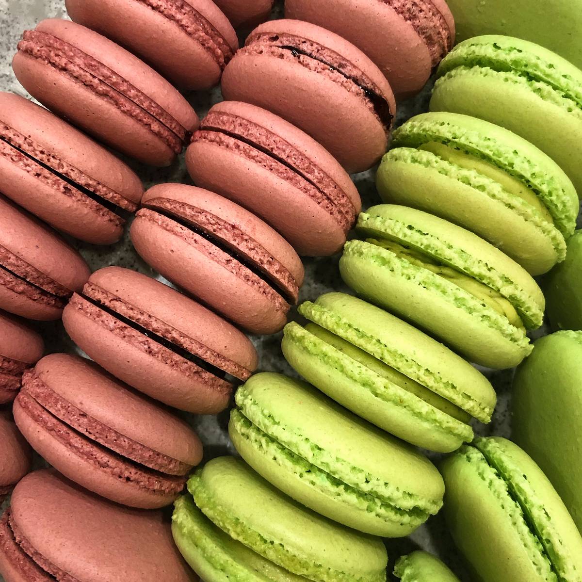 Mixed Berry and Pistachio French Macarons.