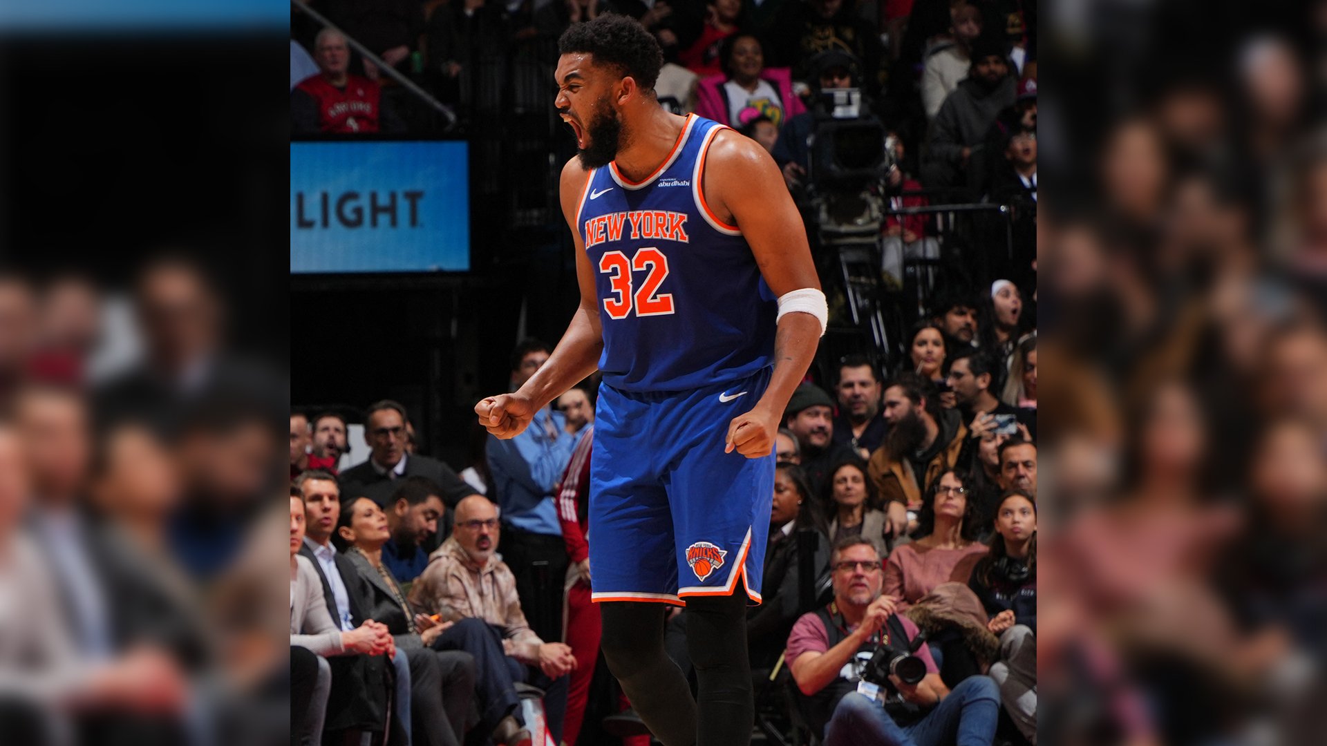 KARL-ANTHONY Towns celebrates after sinking the crucial three-pointer that lifted the New York Knicks to a 113-108 win over the Toronto Raptors in the NBA regular season.