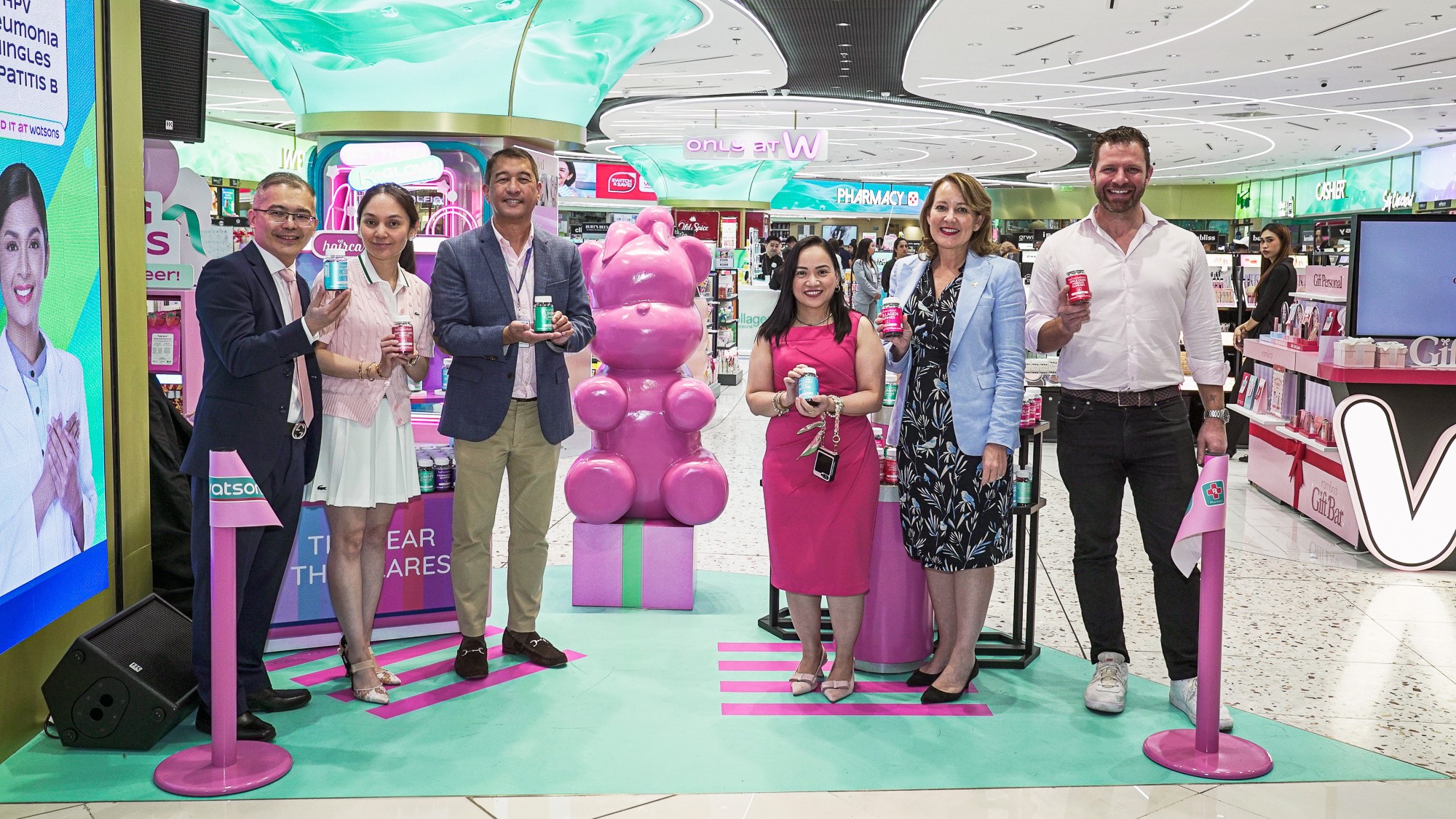 (From left) William Lui, Wellco Bioscience COO; Jenny Gozo, Wellco Bioscience CEO; Sonny Cuenco, Watson's health trading director; Bless Marcos-Espin, GOBE and Watson's business development controller; Luisa Rust,  senior trade and investment commissioner of the Australian Embassy; and Steve Brandt, CMO of Australian Health Vitality.