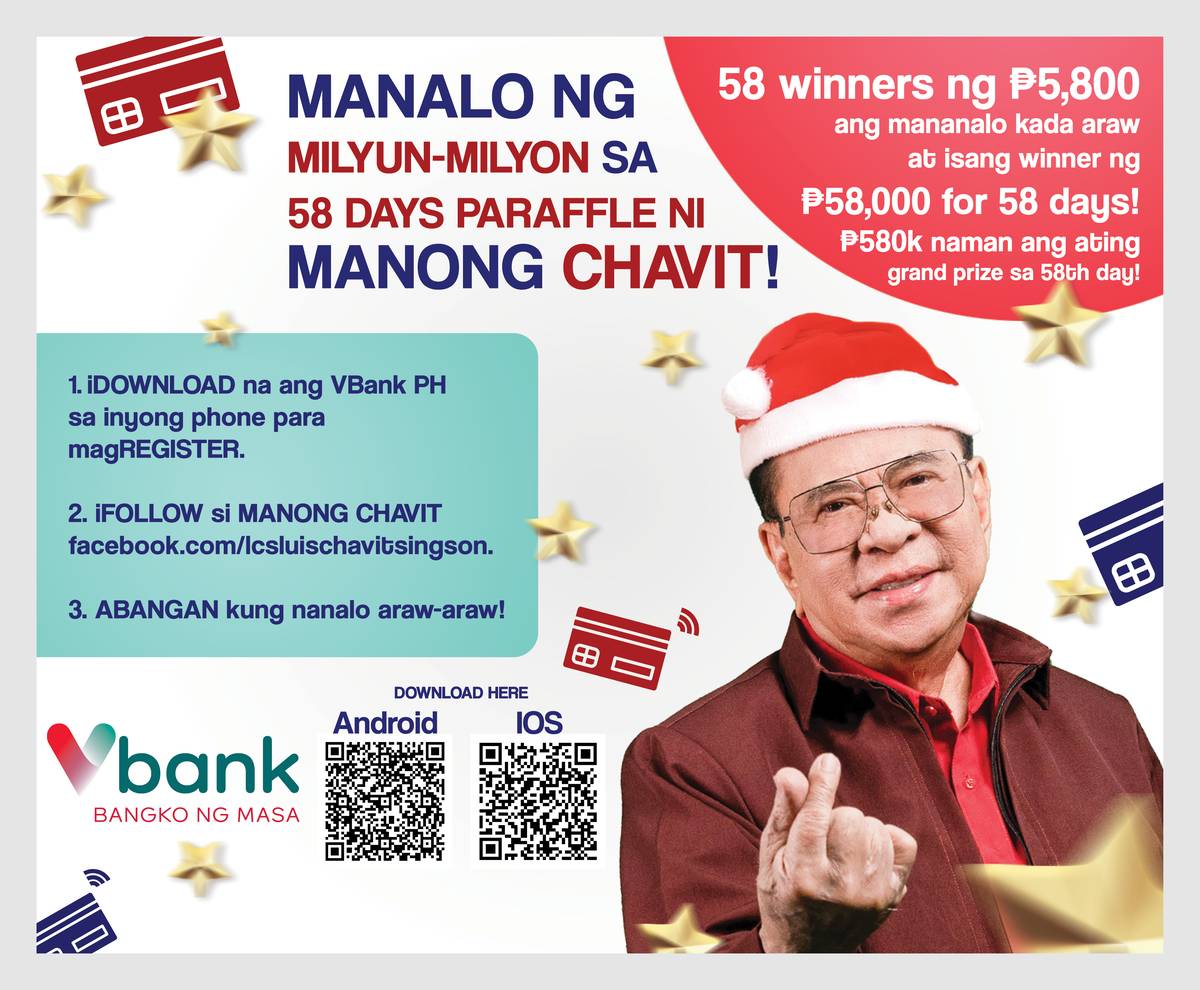 Readers will automatically be entered into Luis "Manong Chavit" Singson's VBank raffle promo when they download the VBank app, register, and follow Singson's Facebook page.
You can scan the QR code for links to the Androis or iOS versions of the app.