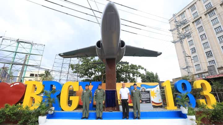 Photo from left: MGen Pedregosa, LtGen Parreño, Hon. Alvin Zuñiga, and BGen Fontanilla pose for a photo during the Blessing and Formal Transfer Ceremony of the S-211 Marchetti Aircraft at Brgy. 183, Villamor, Pasay City.