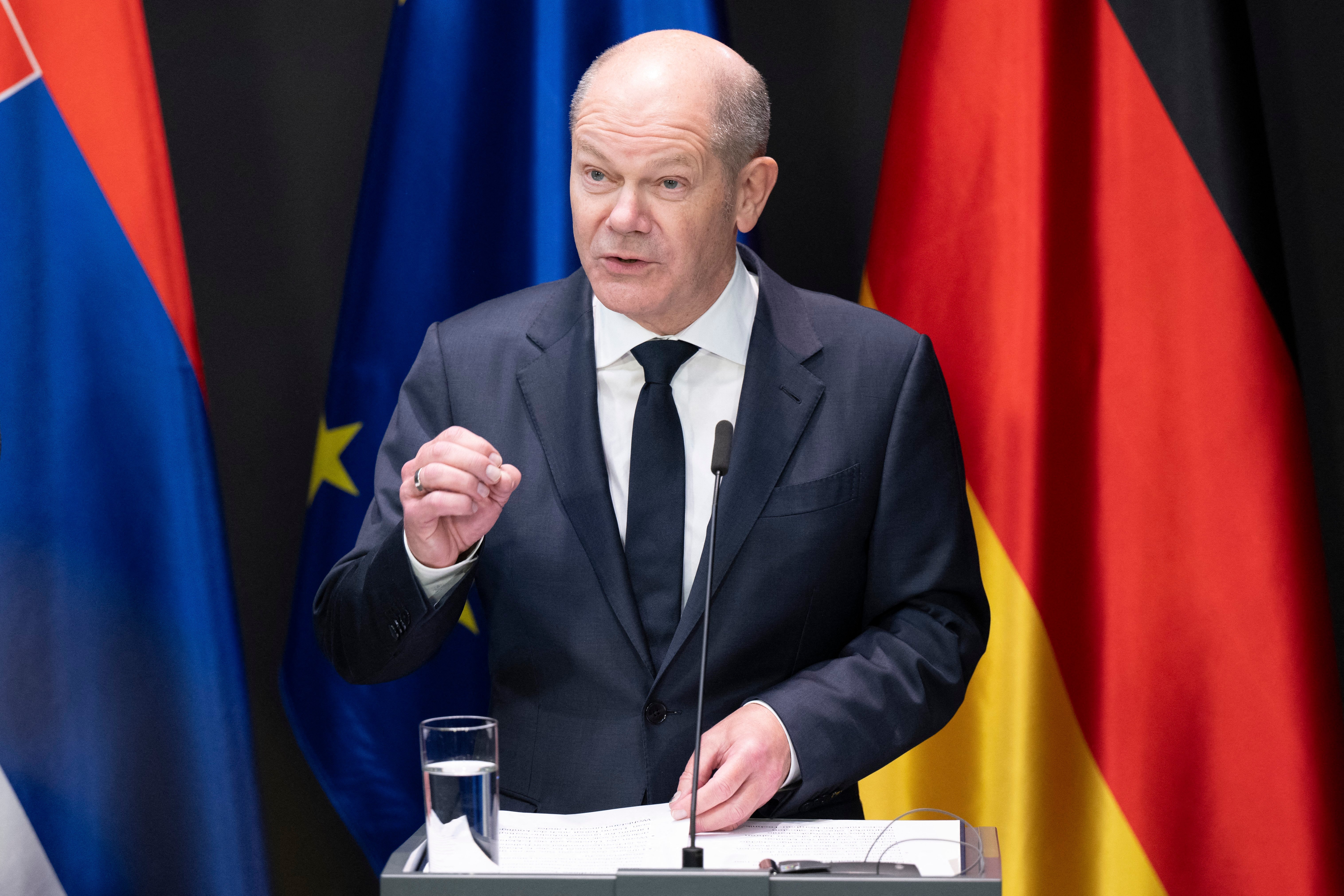 German Chancellor Olaf Scholz speaks during a joint press conference with Serbia’s president at the Mining Museum in Freiberg, eastern Germany.