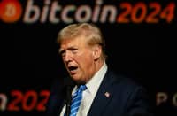 Donald Trump gives a keynote speech on the third day of the Bitcoin 2024 conference.