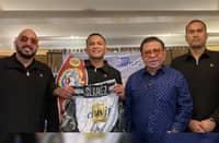 World No. 1 super-featherweight Charly Suarez (second from left) is eyeing a breakout 2025. He is being assisted in his world title hunt by former Ilocos Sur Gov. Chavit Singson (second from right) and trainer Delfin Boholst (right) and Singson’s assistant Rick Navalta.