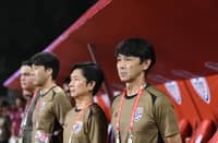 Thailand’s Japanese head coach Masatada Ishii (right) gets embarrassed by the Philippine national team Saturday in the ASEAN Mitsubishi Electric Cup.