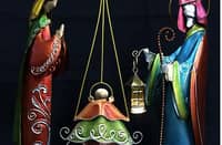 Holy family in multi-colored elegant dye and gold/silver leaf finish; metal and wire; handcrafted