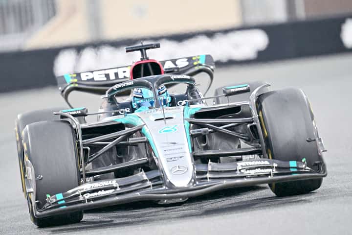Mercedes' British driver George Russell drives during the Abu Dhabi Formula One Grand Prix.