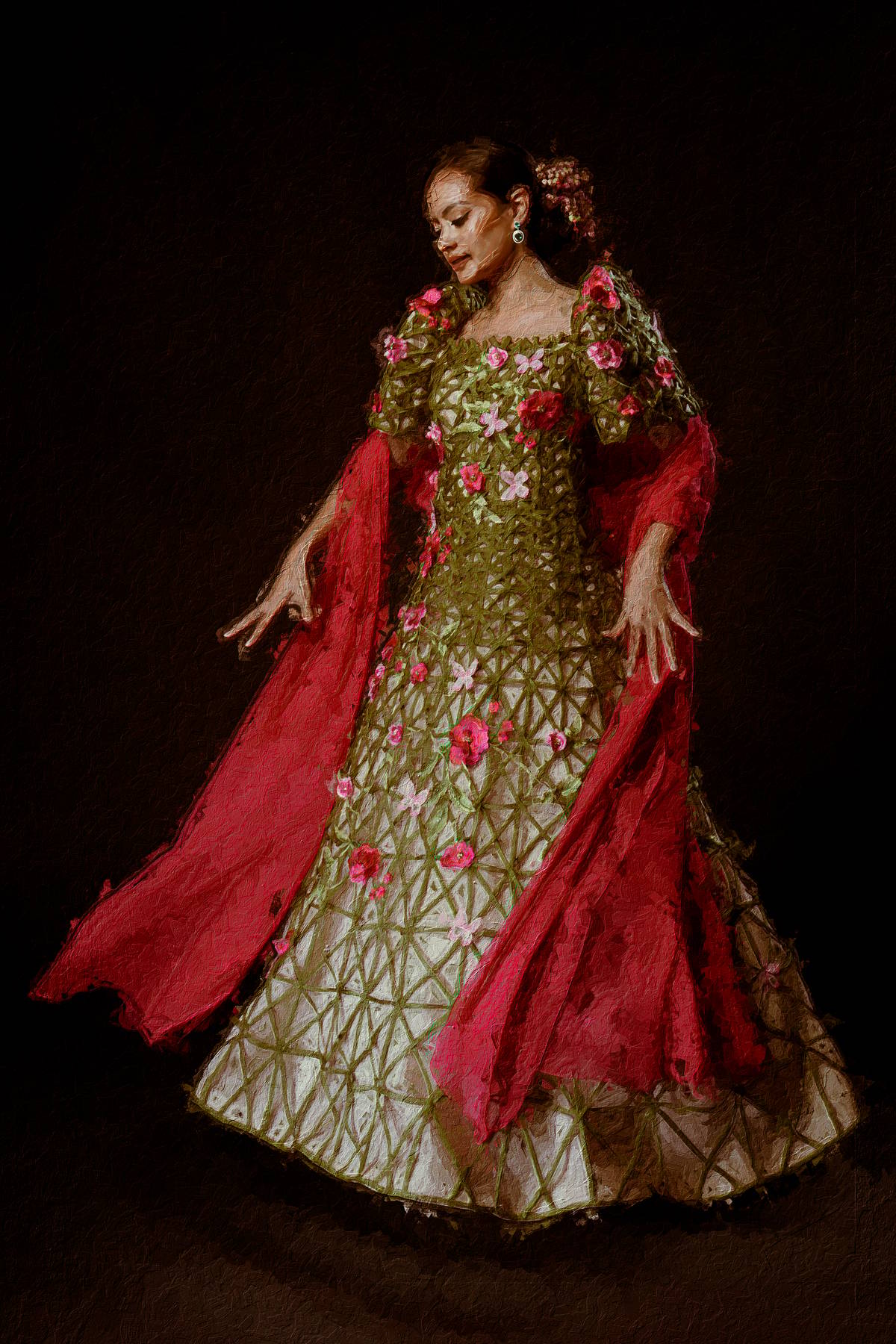 ROSAS PANDAN. Miss Universe Philippines Cebu Kris Tiffany Janson as Rosas Pandan in a basket-weave modern tea-length terno, inspired by the flowers in the hills of Busay in Cebu City.