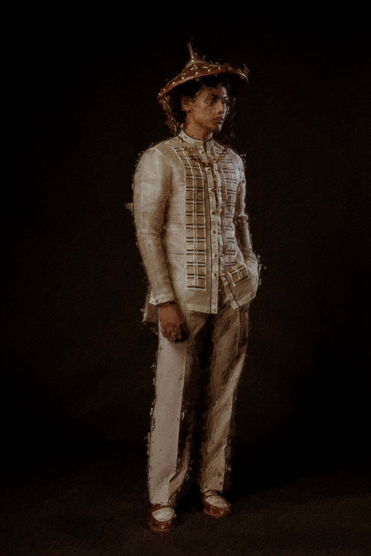 IBARRA. Barong Tagalog in piña suksuk with rengue, with bespoke shoes in leather and embroidered upcycled barong Tagalog by Rafael Ebarle.