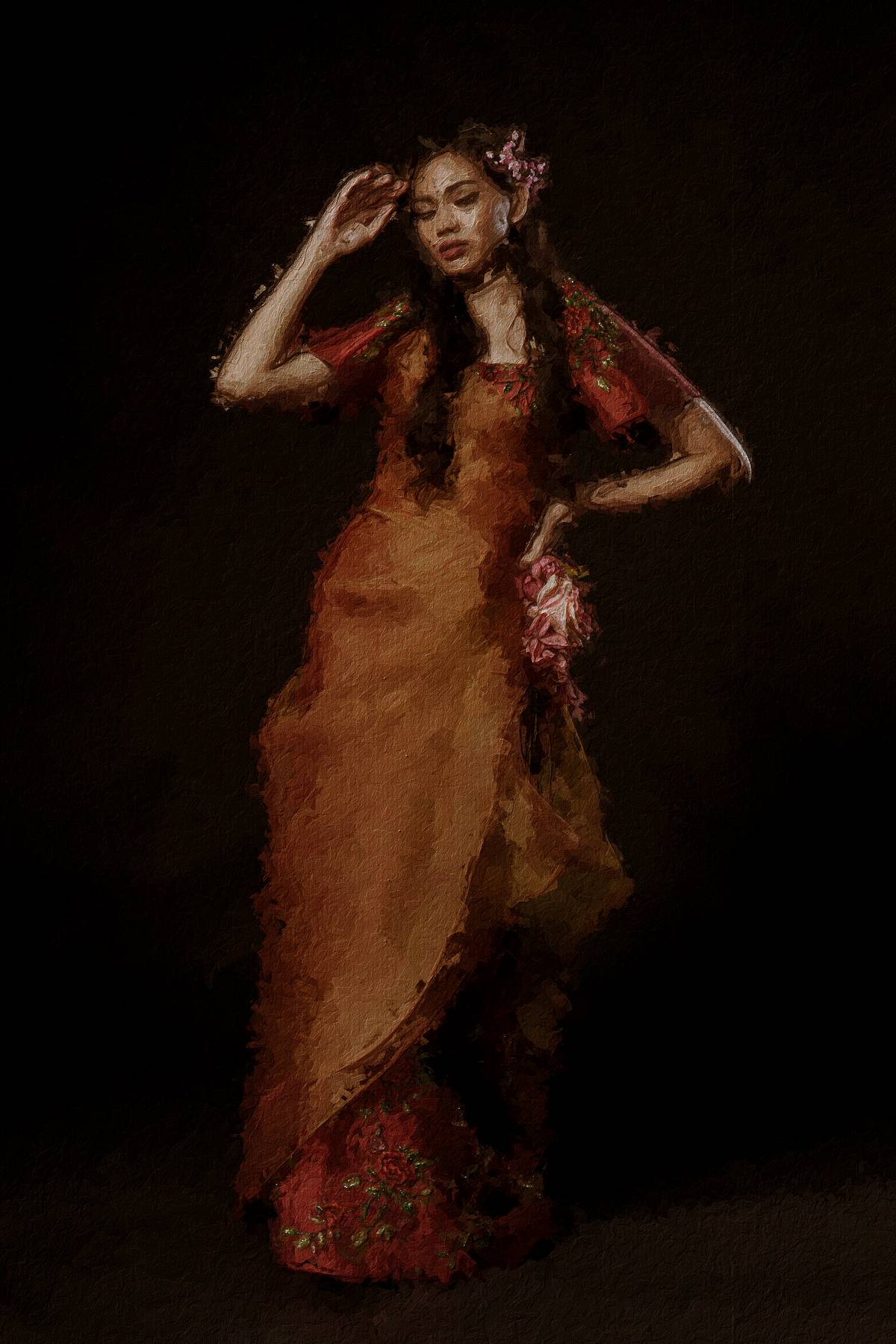 DALAGANG BUKID. Stylized Balintawak in Thai silk with piña-seda tapis with floral appliqué. Earrings by Diagold.