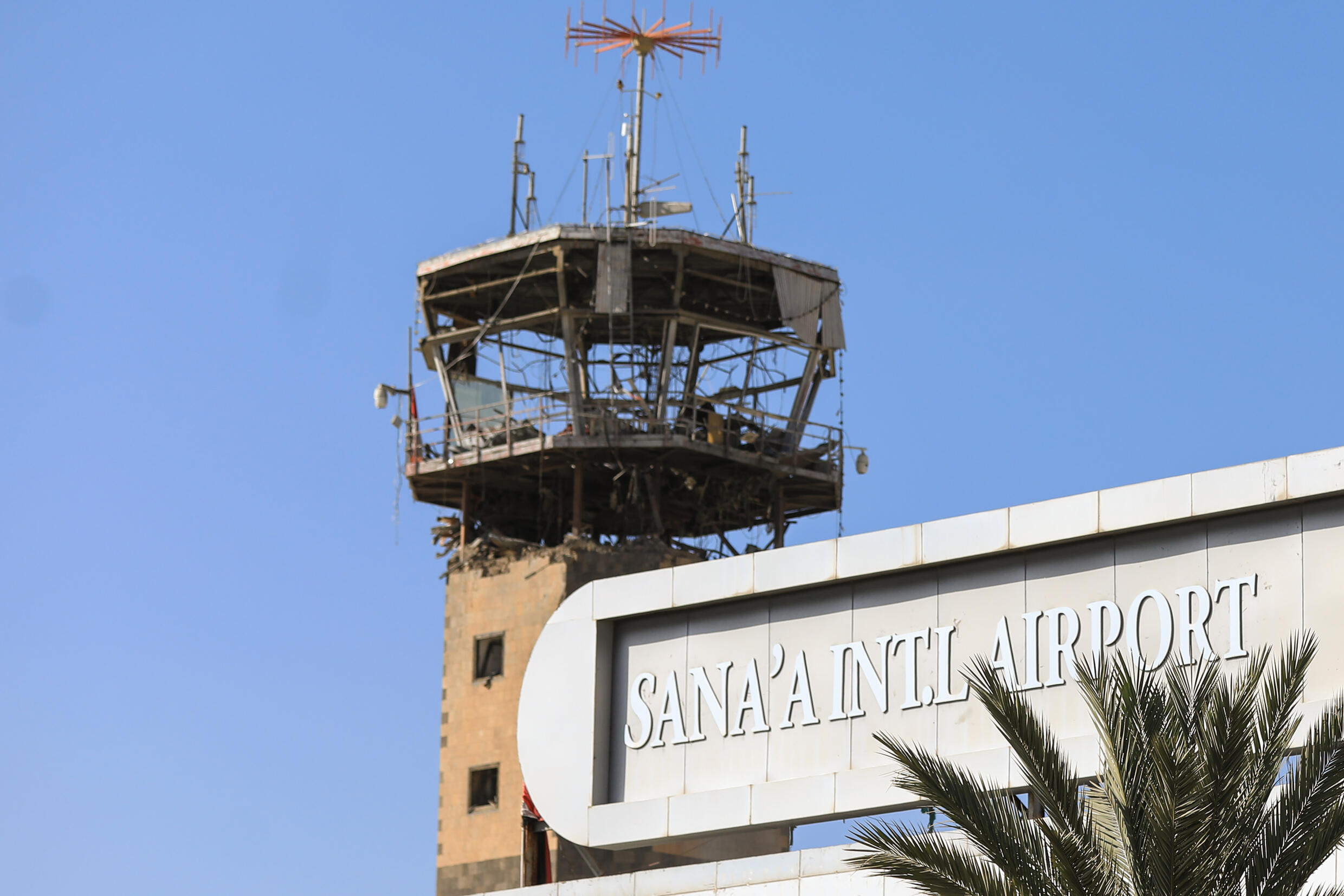 The damaged control tower at the international airport in Yemen's rebel-held capital Sanaa, after Israeli air strikes.