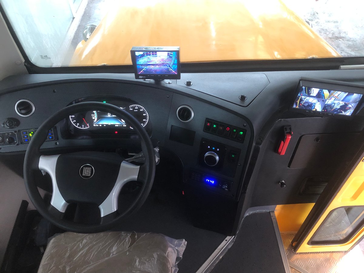 A glimpse of the e-J01 e-jeepney’s dashboard, featuring external and internal cameras for enhanced safety and monitoring.