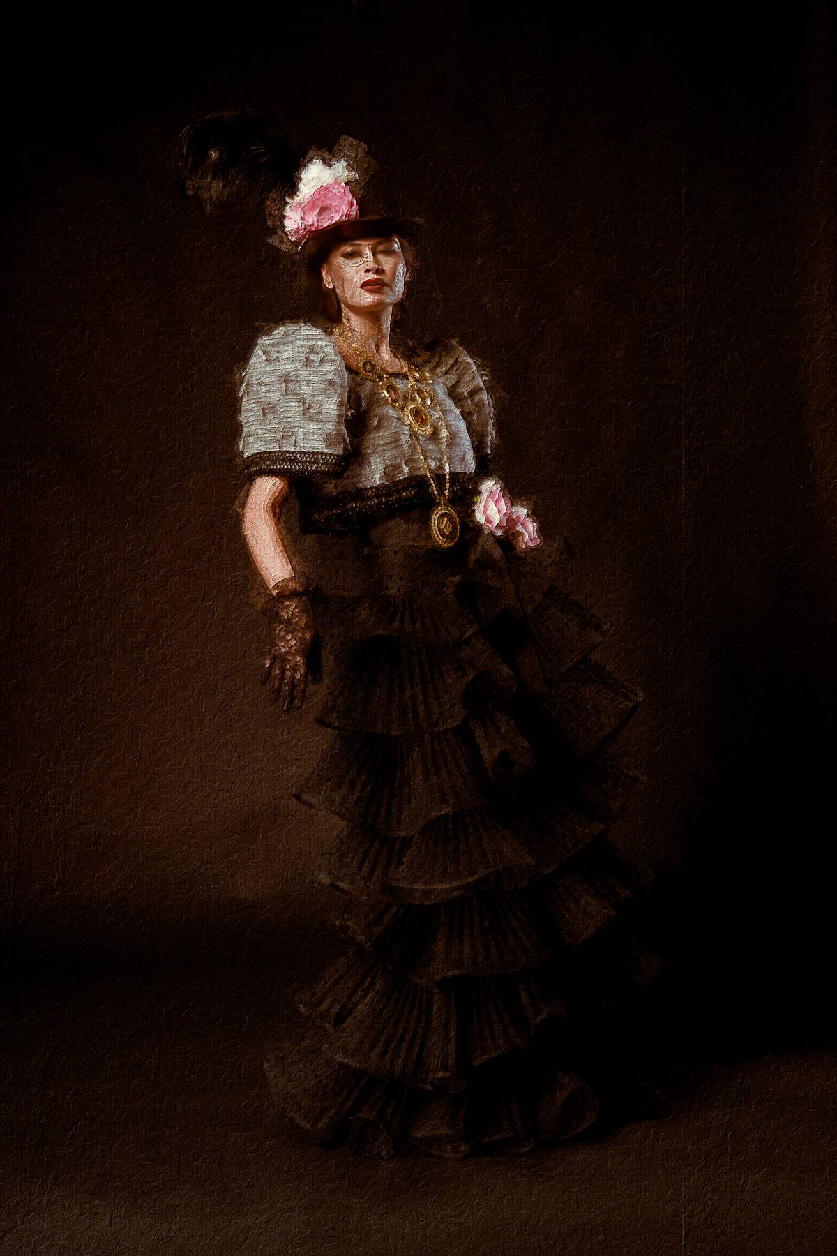 DONYA VICTORINA. Inspired by the character in Noli Me Tangere, this is a two-piece de-grained piña cropped top and high-waisted multitiered point de esprit skirt which can be worn separately with contemporary pieces. It is highlighted by multistrand Philippine filigree tambourine necklaces.