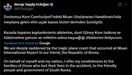 Turking president Recep Tayyip Erdoğan offered his condolences via X, formerly Twitter.