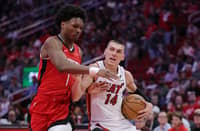 Amen Thompson of the Houston Rockets and Tyler Herro of the Miami Heat get suspended for their role in the altercation that erupted in the waning seconds of their NBA game on Sunday.
