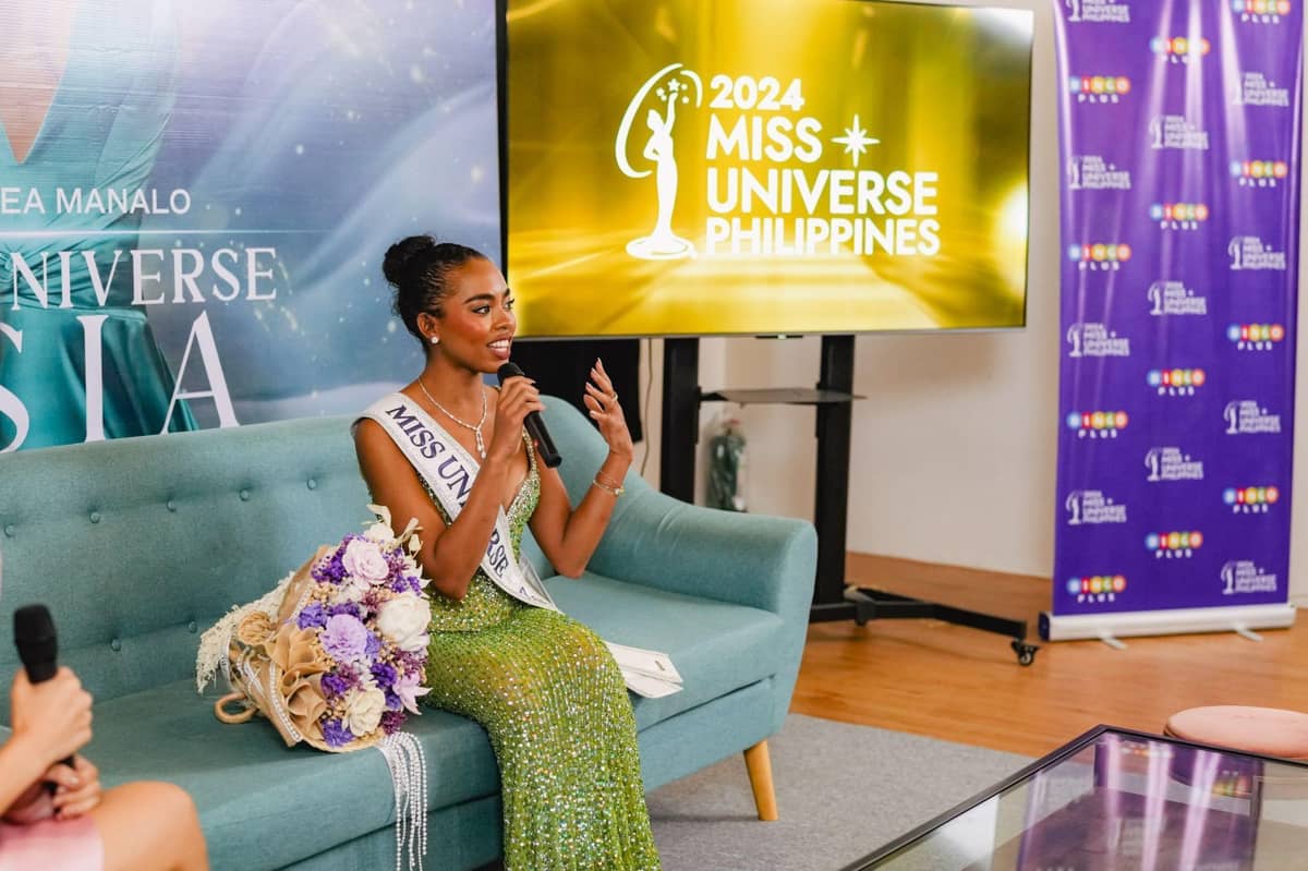 A closer look at Miss Universe Asia Chelsea Manalo, answering questions from the press.