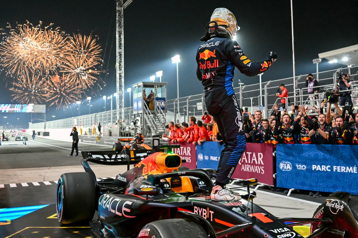 Max Verstappen celebrates after winning the Qatari Formula One Grand Prix.
