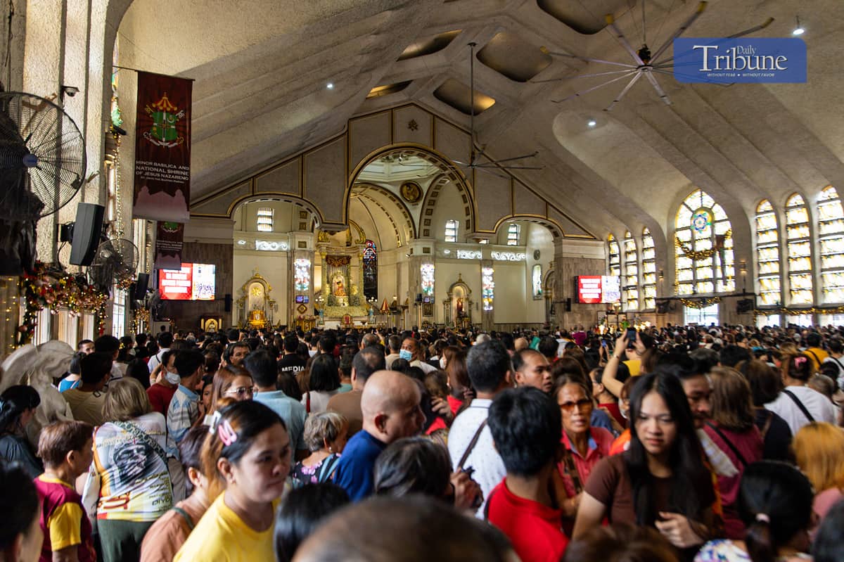 Catholic devotees gather at the Minor Basilica and National Shrine of Jesus Nazareno in Quiapo, Manila, for the first Friday Mass of the year on Friday, after a blessing ceremony for replicas of the Black Nazarene was held on Thursday, 2 January 2025.
