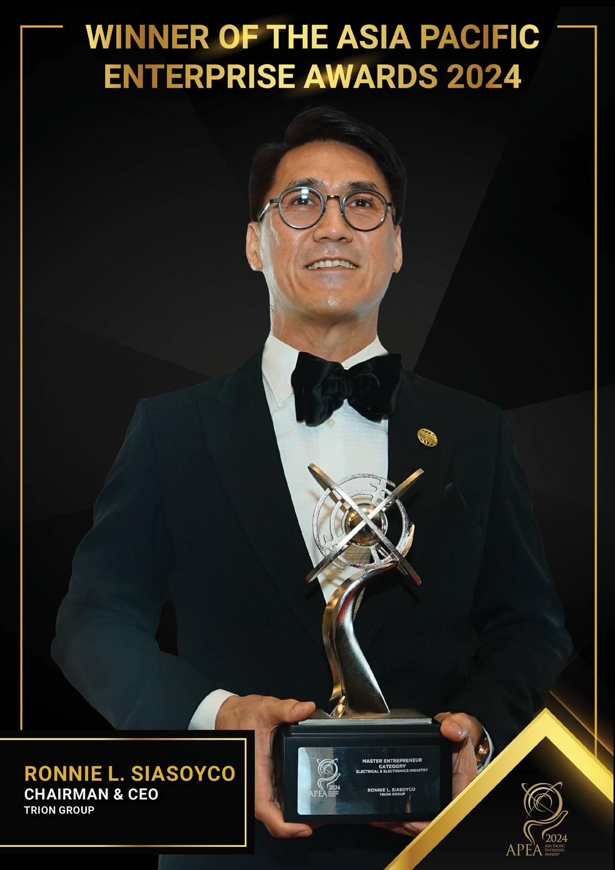 Ronald Siasoyco, founder, chairman and CEO of the Trion Group Philippines, with the AREA 2024’s Master Entrepreneur Award trophy.
