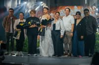 Production designer Rowell Piñon; fashion designers Jezelle Amorado and Albert Andrada; Miss Universe Philippines 2020 Rabiya Mateo wearing Andrada; Joy Madriaga; Nelson Madriaga; Bianca Madriaga; and Lorenzo Madriaga.