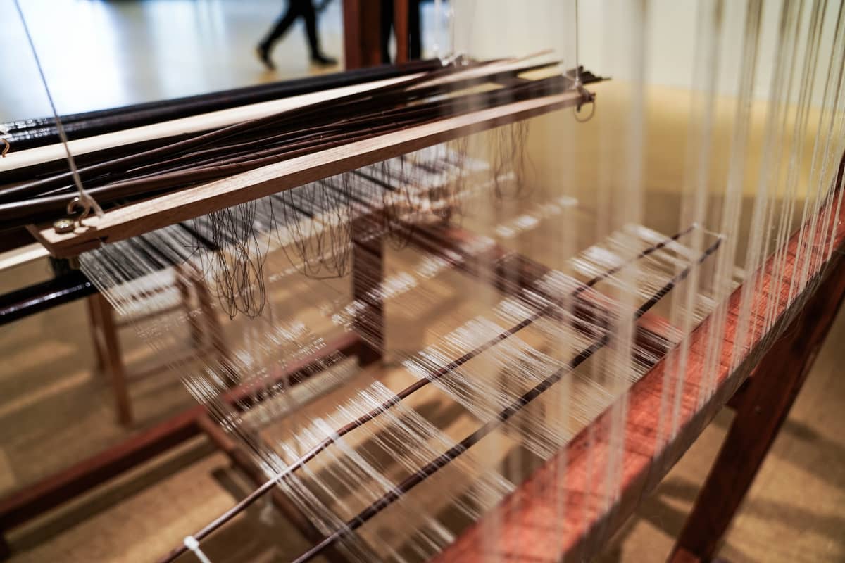 Prepared pineapple leaf fibers arranged on the loom.