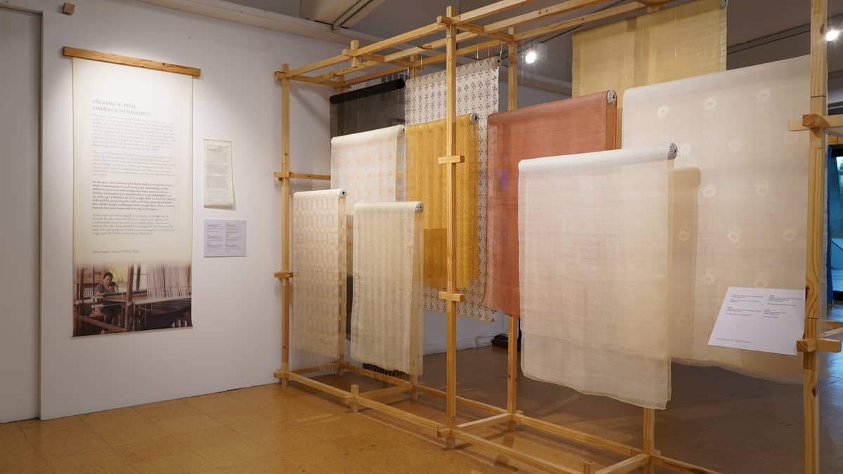 A display of handwoven piña and piña-seda fabrics.